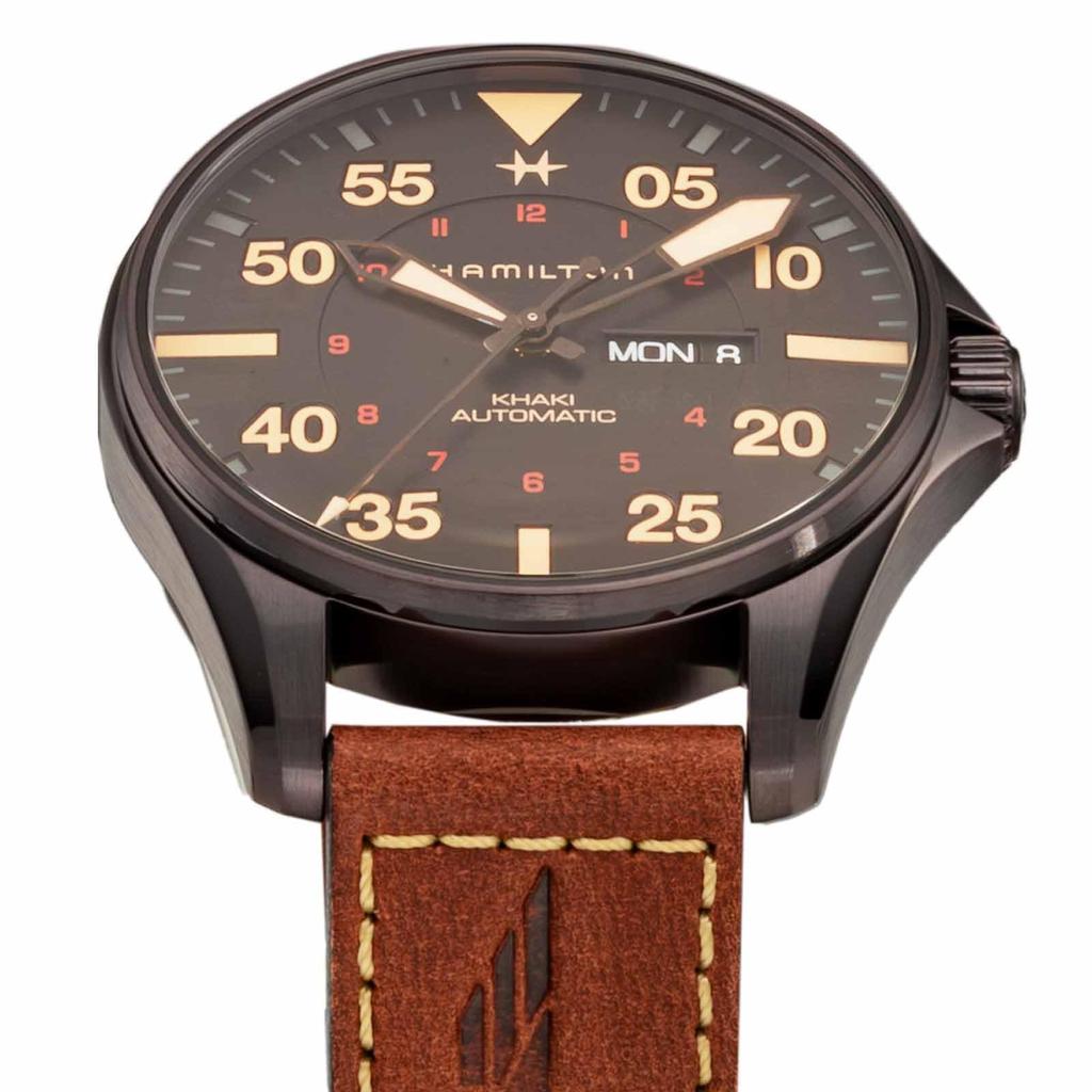 Часы Khaki Aviation Pilot Day Date Auto Khaki Aviation Черный циферблат Нержавеющая сталь Сапфировое стекло Автоматические 46 мм Швейцарские брендовые часы H64705531 Коричневый