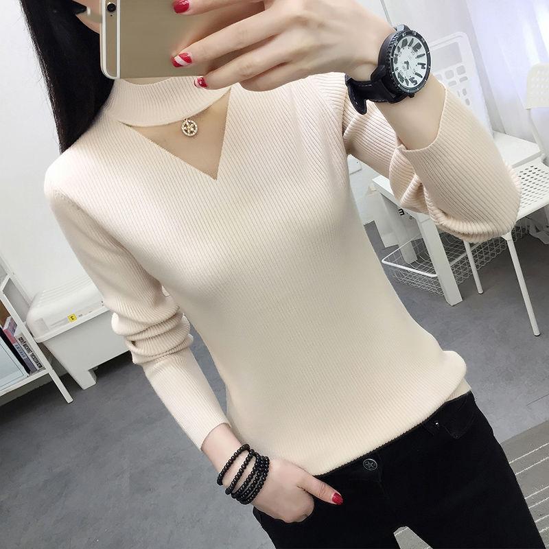 Women Semi-high Neck Slim Sweater Korean Version of The Knitted Bottoming Sweater Hollow Mesh Sweater Autumn and Winter