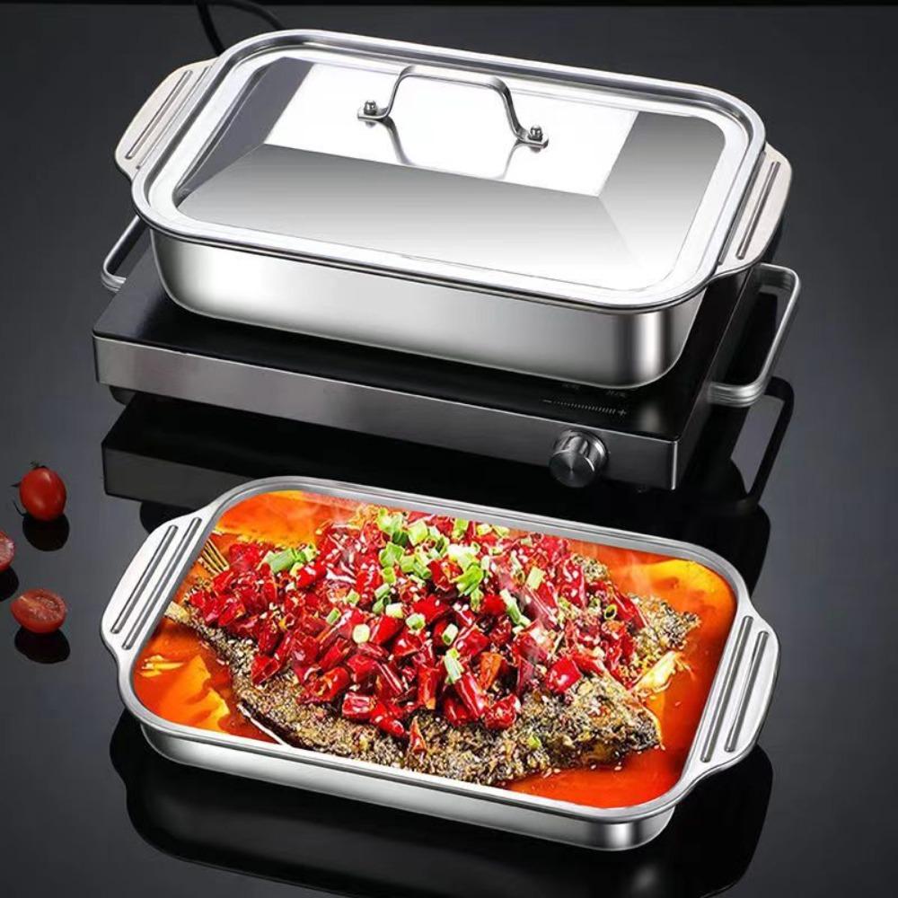 With Lid Grilling Tray Stainless Steel Grilled Fish Plate BBQ Plate Roaster Pan Oven