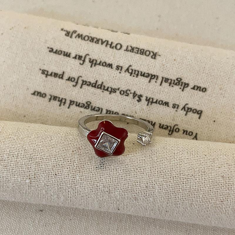 Red Oil Drop Flower Cherry Open Ring Women'S Niche Design Sense Light Luxury Elegant Fashion Versatile Ring Ring