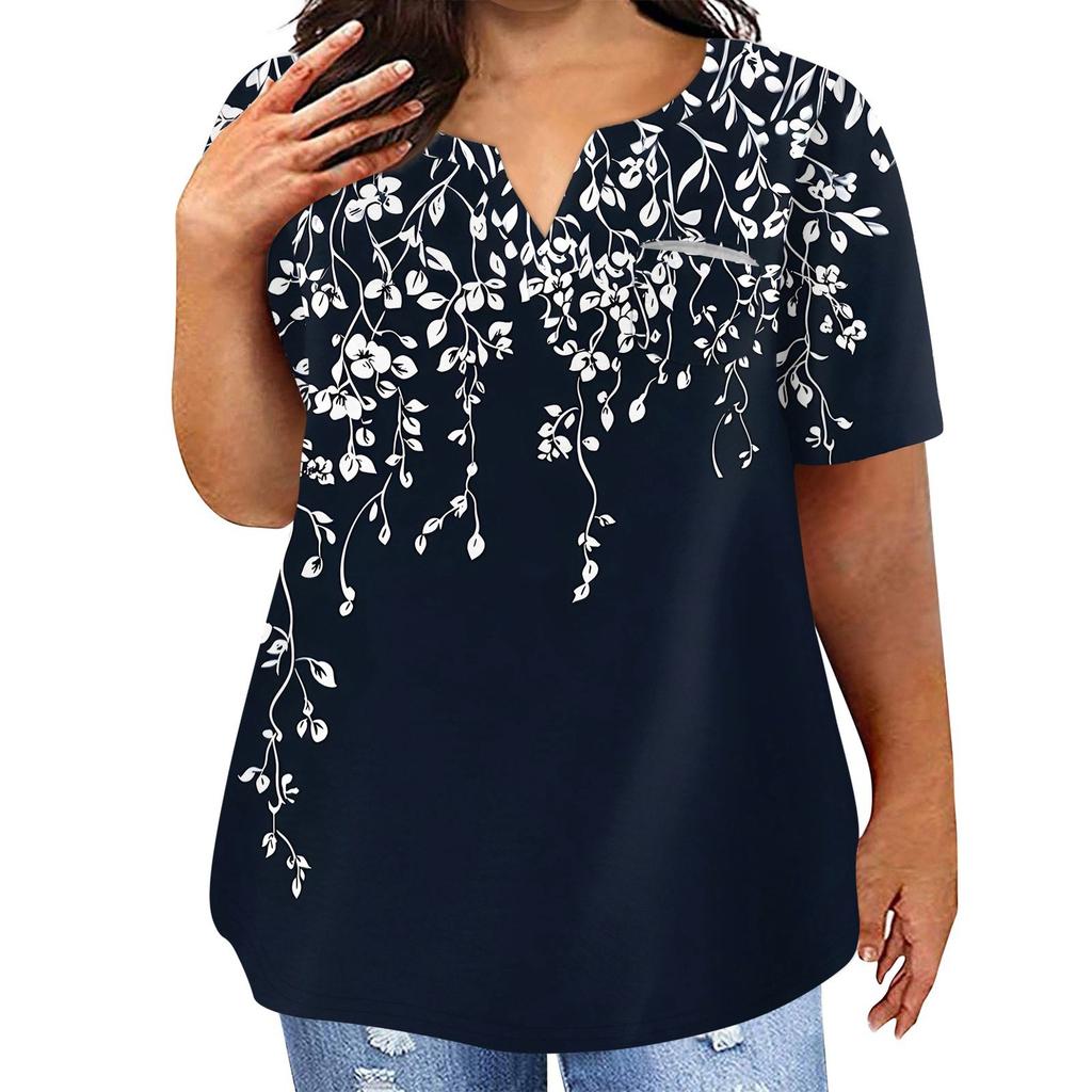 Женская футболка большого размера, повседневный топ с карманами и V-образным вырезом с короткими рукавами