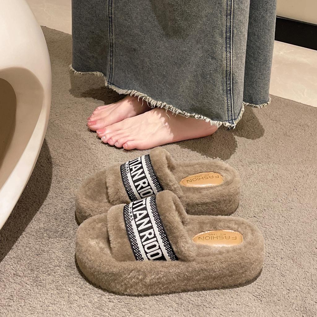 Fashion Female Slippers Large Size Women Plush Open Toe Flat Furry Slippers Fashion Flat Cotton Shoe Non Slip Warm Slippers Women Winter