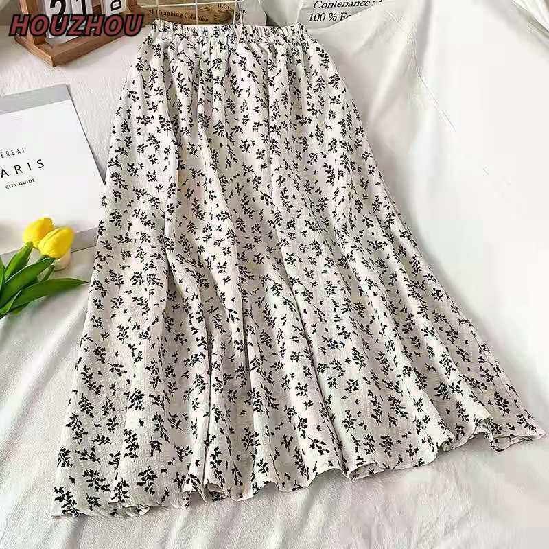 Винтажная юбка-трапеция с высокой талией и цветочным принтом, весенняя элегантная тонкая свободная юбка-миди, повседневная уличная офисная юбка, милая юбка для свиданий на открытом воздухе