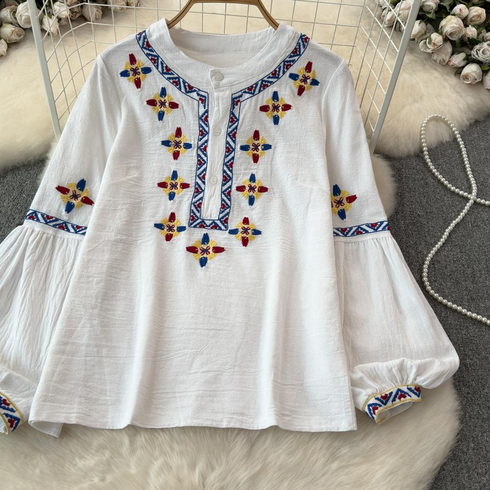 Женская блузка в этническом стиле с круглым вырезом и вышитыми рукавами-фонариками в стиле ретро, летние женские топы с цветными блоками