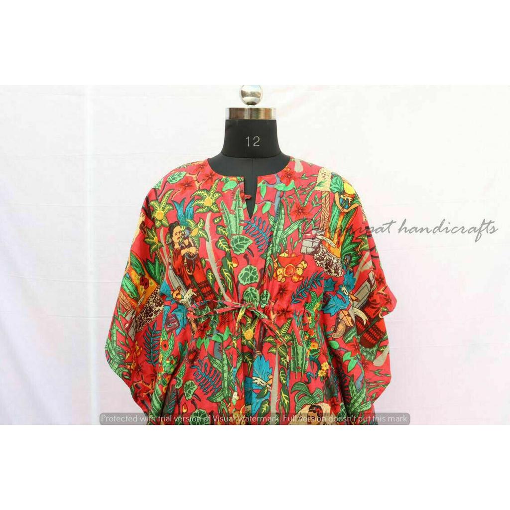 Индийское красное хлопковое платье с принтом Фриды Кало в стиле хиппи, женское ночное платье-кафтан CKFTN-SCRN-FULL-BUYIT-018