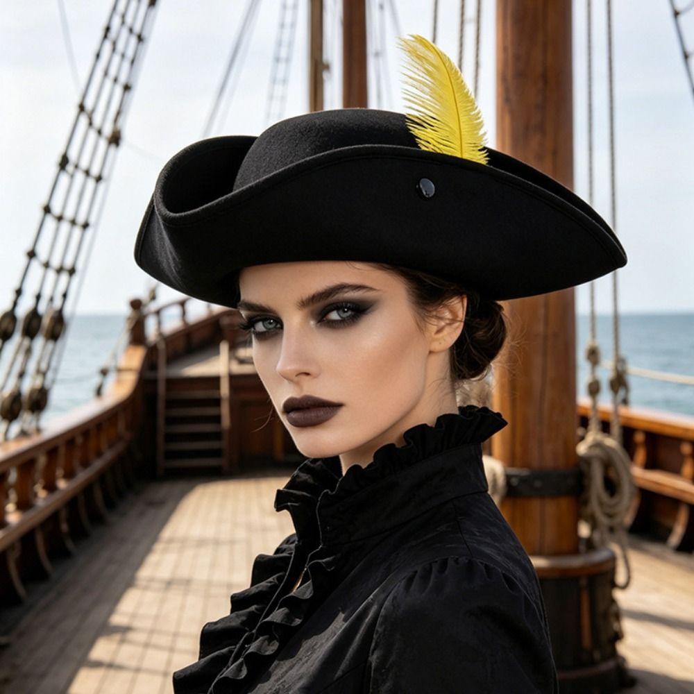 Wide Brim Tricorn Hat Feather Decorated Costume Hat Unisex Fashionable feather hat Halloween Party