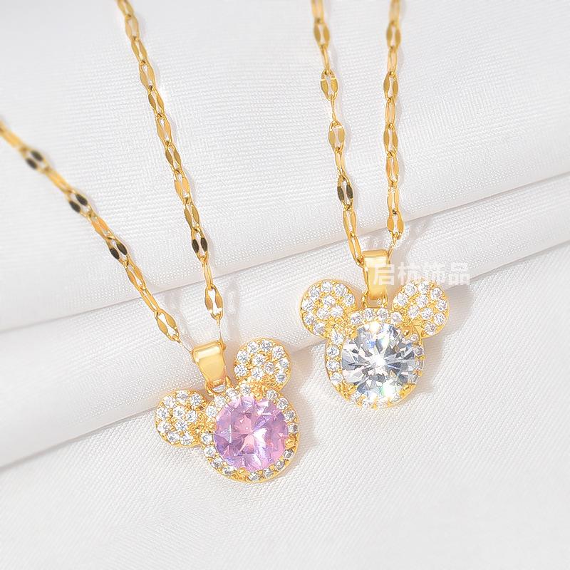 Stainless Steel Big Zircon Cartoon Mouse Head Necklaces for Women Girls Cute Crystal Accessories Gifts for Friends Fans