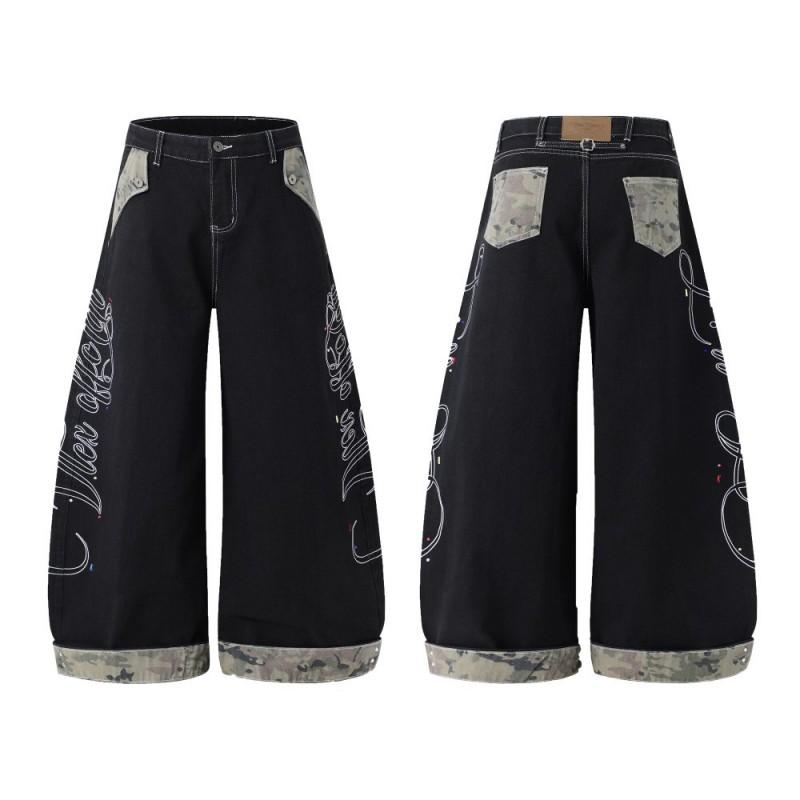 Mens High Waist Loose Straight Jeans American Vintage Camo Patchwork Embroidered Streetwear Denim Pants