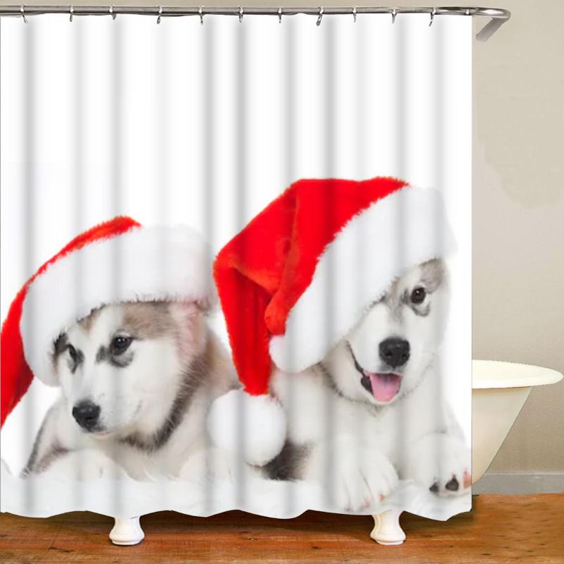 Cute Siberian Husky Shower Curtain Christmas Shower Curtain Set Husky Dog Puppy Bathroom Curtain Pet Dogs Christmas Home Decor