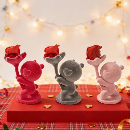 Valentines Day Bear Ornament with Preserved Rose Holding Eternal Flower Flocking Bear Decoration Wedding Anniversary Romantic Gift
