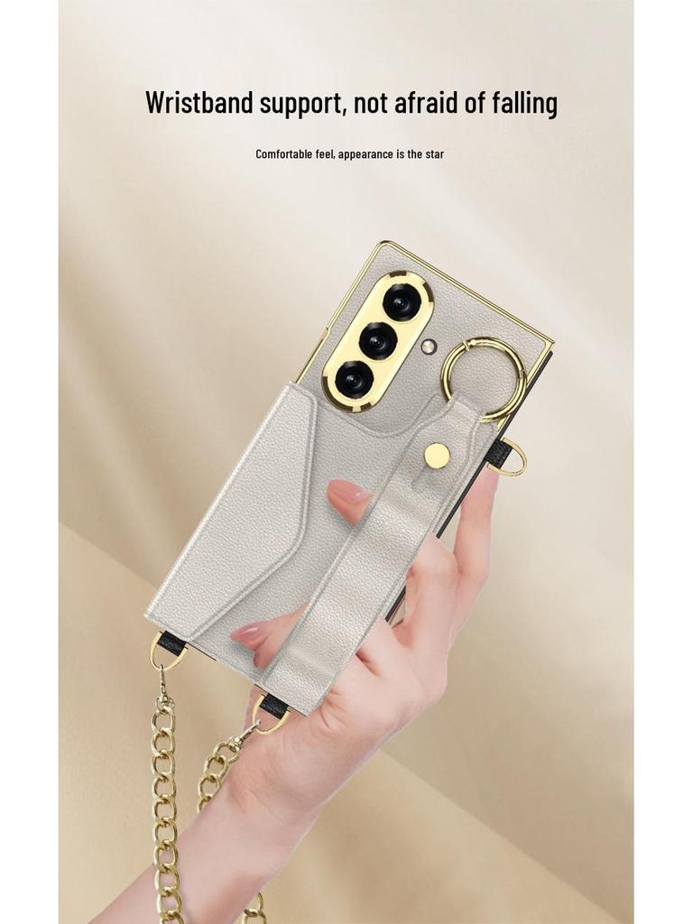 Samsung Z Fold7 Wristband Case: Fashionable Electroplated Leather with Card Holder and Lanyard