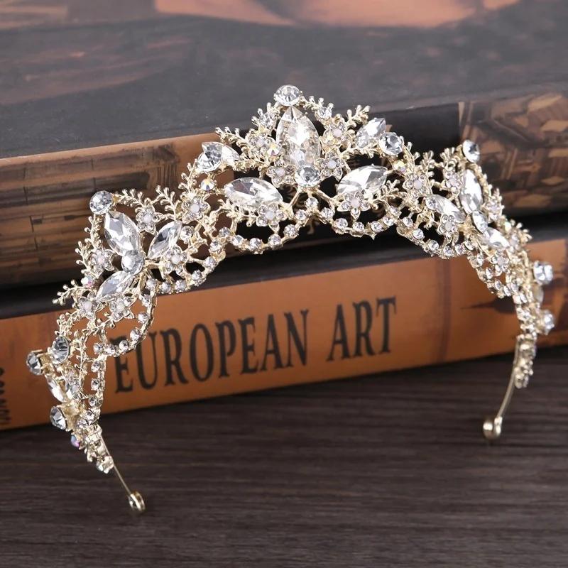 Hot Fashion Baroque Luxury Crystal AB Bridal Crown Tiara Light Gold Color Diadem Tiaras for Women Bride Wedding Hair Accessories