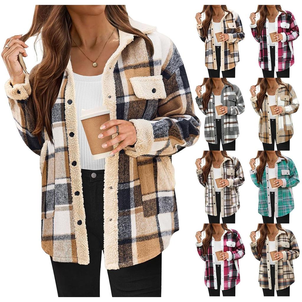 Women Long Sleeve Pullover Casual Plaid Shacket Jackets Fuzzy Fleece Button Down Open Front Jackets Outfits