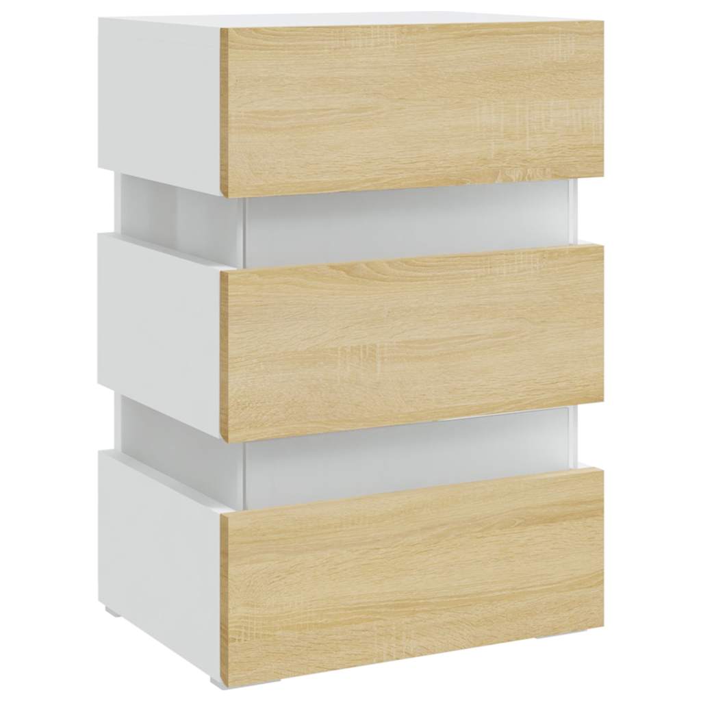 LED Nightstand in White and Sonoma Oak 45 x 35 x 67 cm Particleboard