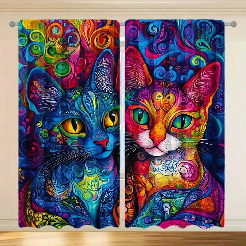 2pcs curtains with blue and colorful cat patterns, made of high-quality fabric with delicate touch, luxurious and beautiful