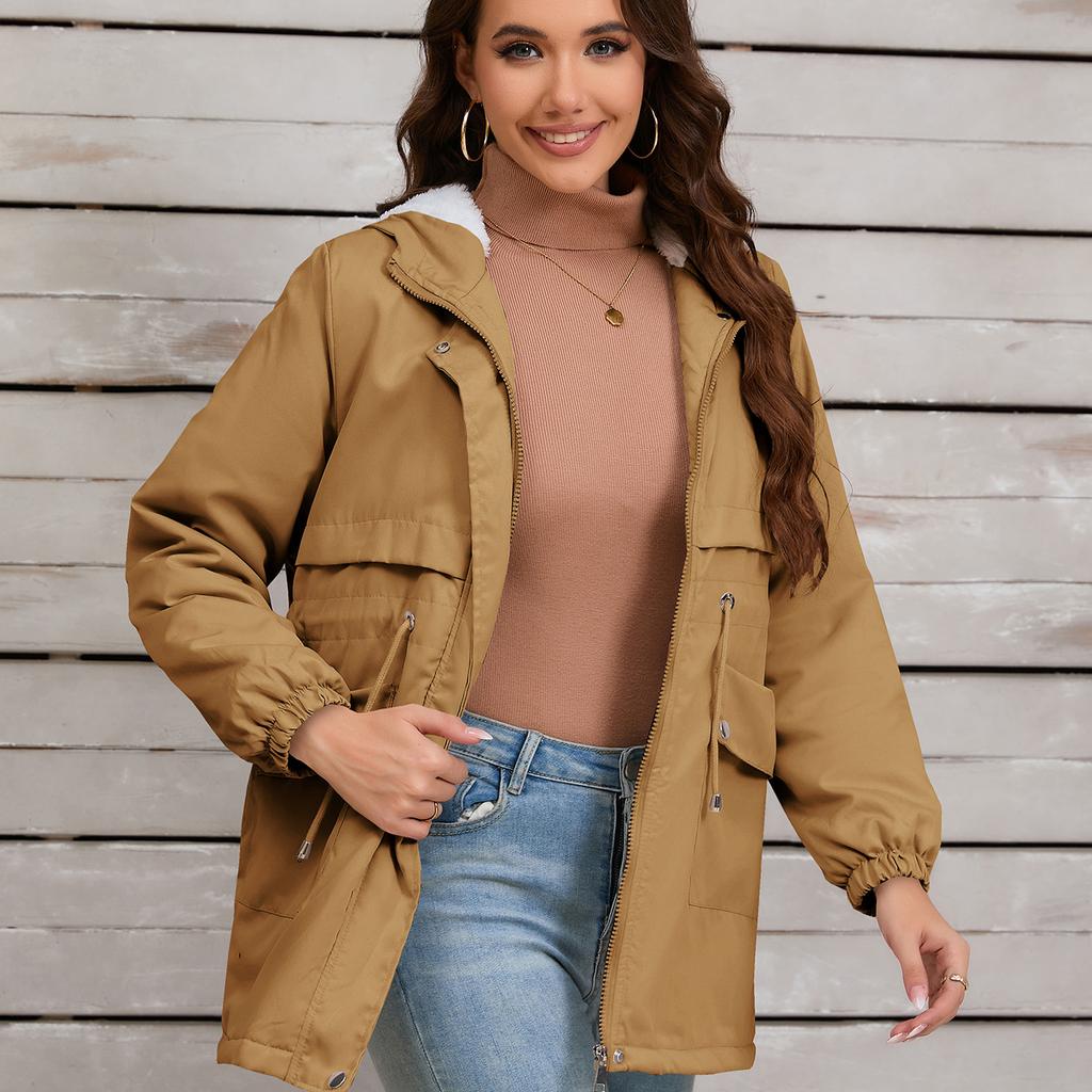 Женское зимнее пальто с капюшоном, куртка-парка с длинными рукавами и карманами, теплая повседневная куртка на молнии с подкладкой из флиса, ветрозащитная ветровка для женщин