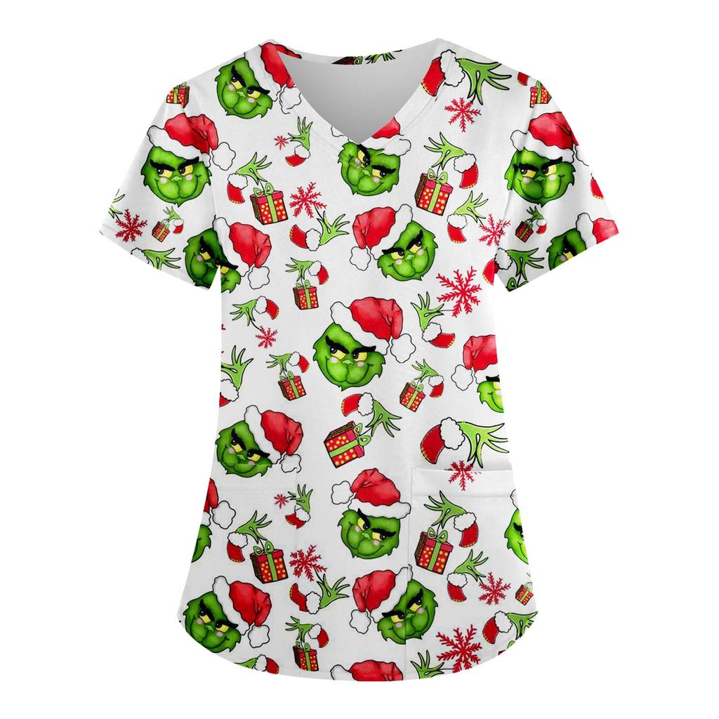 Женские модные топы с короткими рукавами и V-образным вырезом с принтом, рабочие футболки с карманами