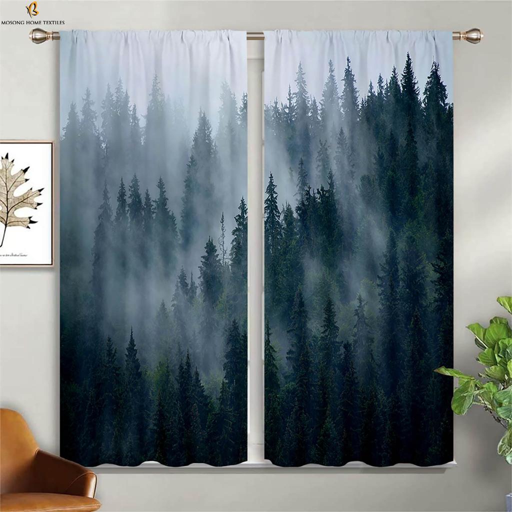 Шторы Misty Deep Forest Green Woods с 3D-печатью, подходящие для спальни, гостиной, кухни, декоративные шторы, 2 шт.