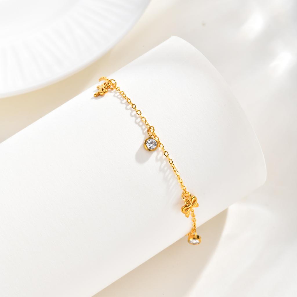 Bow Bracelet for Women 18K Gold Plated Non-Tarnish Waterproof Stainless Steel Dainty CZ Jewelry Minimalist Stackable Ribbon Gift