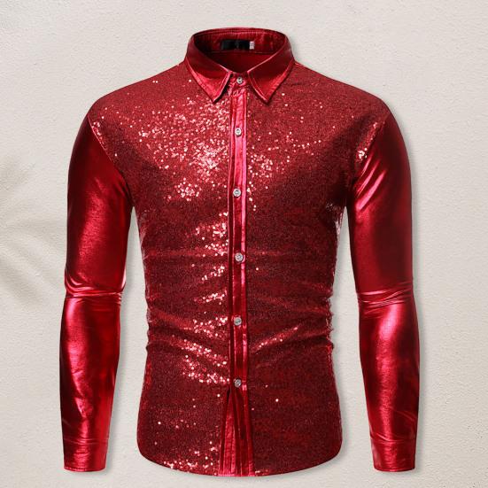 Однобортная облегающая сценическая рубашка с длинными рукавами и лацканами, Мужская рубашка с блестящими пайетками, рубашка для сценического шоу, уличная одежда