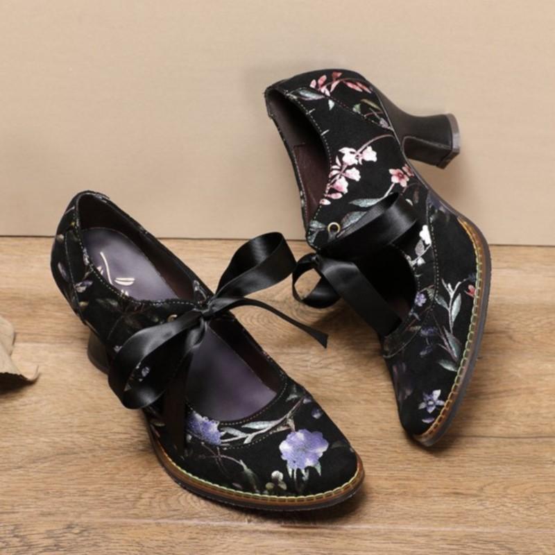 Johnature Женская обувь, весенние туфли-лодочки в стиле ретро, ​​женские туфли ручной работы на высоком каблуке с круглым носком, со шнуровкой и милым принтом