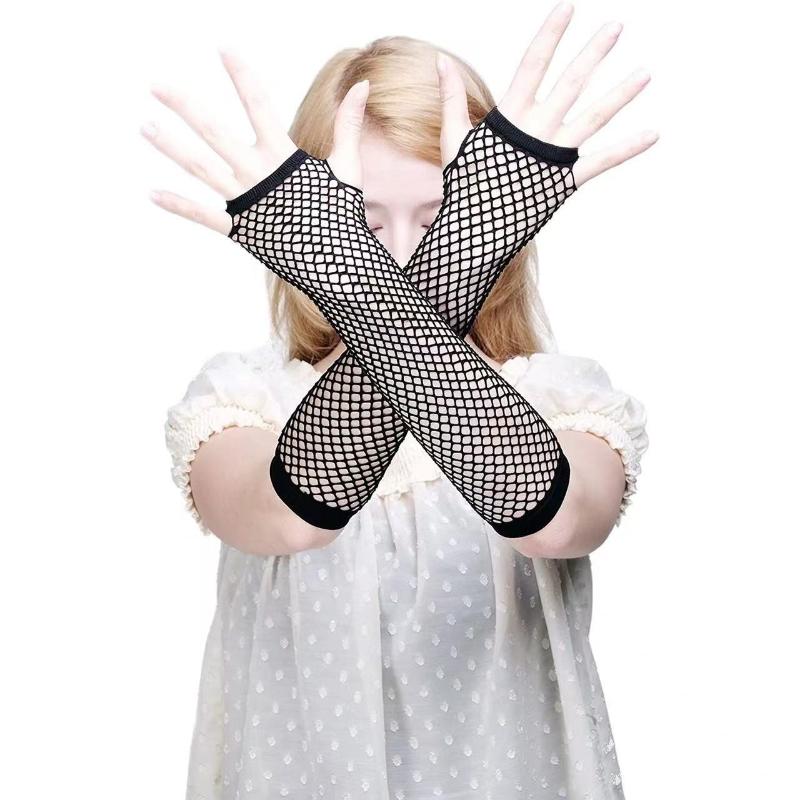 Black Neon Fishnet Fingerless Long Gloves Arm Cuff Party Wear Fancy Dress for Women Sexy Girls Punk Goth Dance Party Mesh Gloves