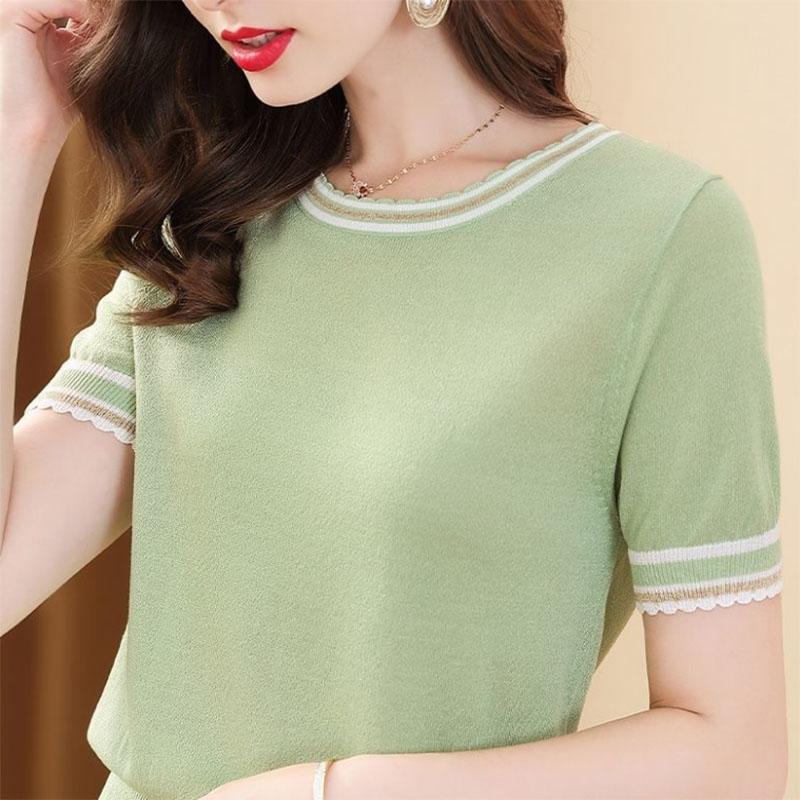 Футболка из ледяного шелка, женская футболка с короткими рукавами и круглым вырезом, яркий шелковый свитер, тонкая рубашка в западном стиле, соответствующая цвету