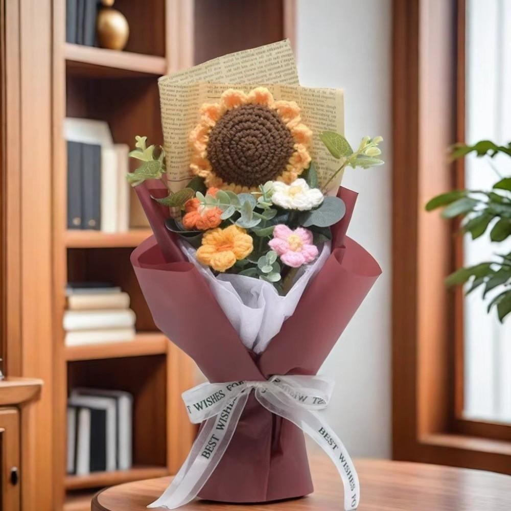 Crochet Knitted Flowers Bouquet Handmade Bouquet Arrangement Crochet Bouquet Artificial Flowers Handmade Sunflower Birthday