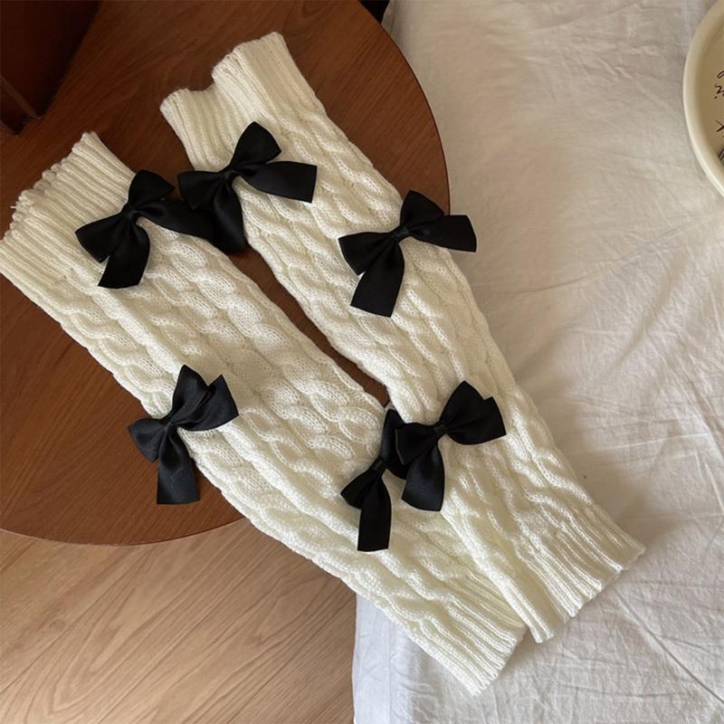 Womens Girls Japanese Cable Knitted Stretch Leg Warmers Sweet Bowknot Accent Leg Covers Footless Boot Socks Streetwear