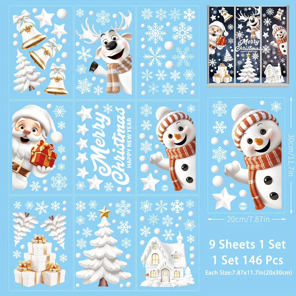 Christmas Double-sided Window Flower Stickers: 146 Pieces - Art Deco, PVC Material, Reusable, 10mm Thickness