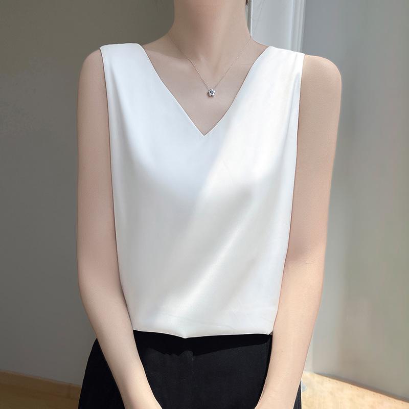 Versatile Women's Satin Camisole: Front V, Round Back, Sleeveless, Wide Straps—perfect Under a Suit, Silky Finish with an Elegant Back.