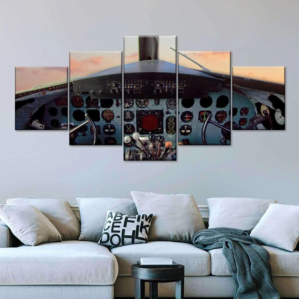 5 Panel Aircraft Cockpit Wall Art Canvas Painting Airplane Interior Scenery Poster Modern Living Room Bedroom Modular No Frame