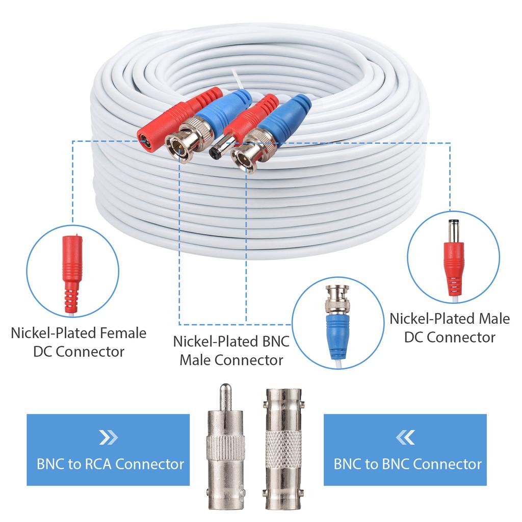 60 Feet BNC Video Power Cable Wire 2MP All-in-One Video Security Camera Wire with Connectors for