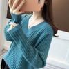 Осенне-зимний женский свитер, нижняя рубашка с v-образным вырезом, свободный вязаный свитер в полоску с длинными рукавами и ленивым ветром