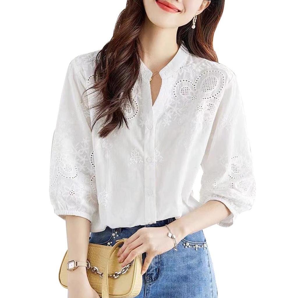 Short Floral Large Openwork [PH.YZBBDPG] Shirt, Blouse, Top, Sleeve, V-neck, Plain, Embroidery, Pattern, Size, Feminine, Women's, Knit, Slimming,