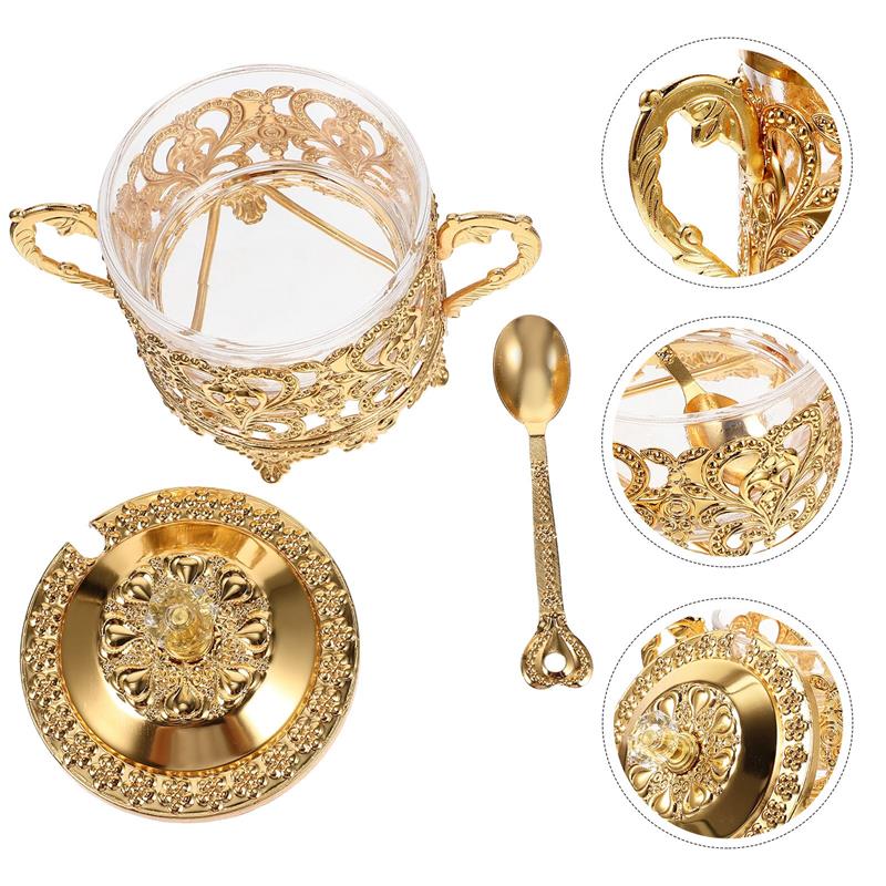 Jar Sugar Candy Bowl Container Condiment Storage Pot Salt Vintage Seasoning Box Gold Decorative Dish Pepper Lid Spoon Tea
