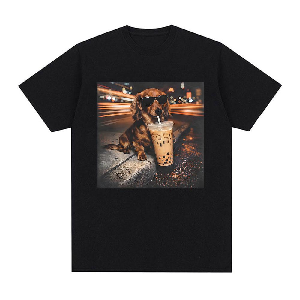 Funny Dachshund Drinking Iced Coffee Meme T-shirt Unisex's Cool Fashion Retro Short Sleeve T-shirts 100% Cotton T Shirt Streetwear