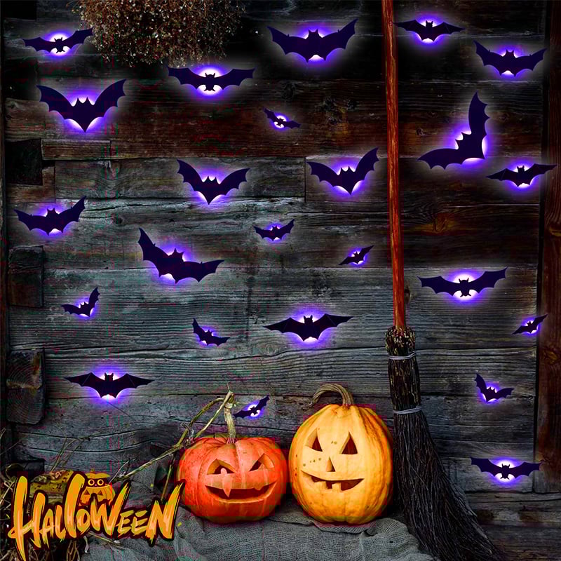 12pcs/set 3D Bat Design LED Decoration, Bat Shaped Wall Sticker, Decorative Light for Home Party Festival, Halloween Decoration