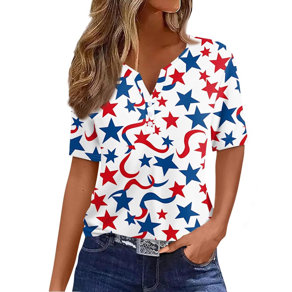 Women's T Shirt Independence Day Print Button Short Sleeve Daily Weekend Fashion Basic V- Neck Regular Top