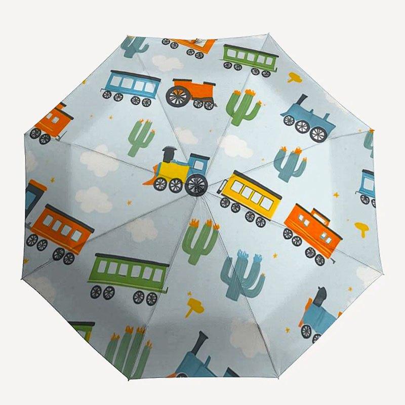 Train Adventure: Kids' Fabric with Trains,Cacti&CloudsUmbrella with Cute Design,Portable 3-Fold Compact Umbrella for Men&Women,Valentine's D