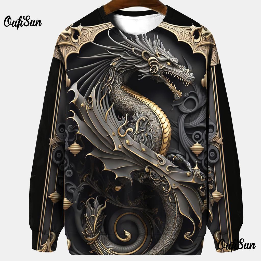Толстовки с животными для мужчин Толстовка без шапки Футболки с рисунком дракона 3D-печать Мужская одежда больших размеров Топы Толстовка-пуловер