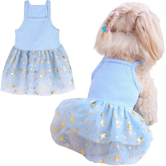 Платье-туту для собаки Кошка Собаки Летнее Тюлевое Платье-комбинация Кружевное Платье Милый Щенок Блестящая Звездная Юбка Одежда для Питомцев на Вечеринку для Маленькой Средней Кошки Собаки (Синий, Средний)