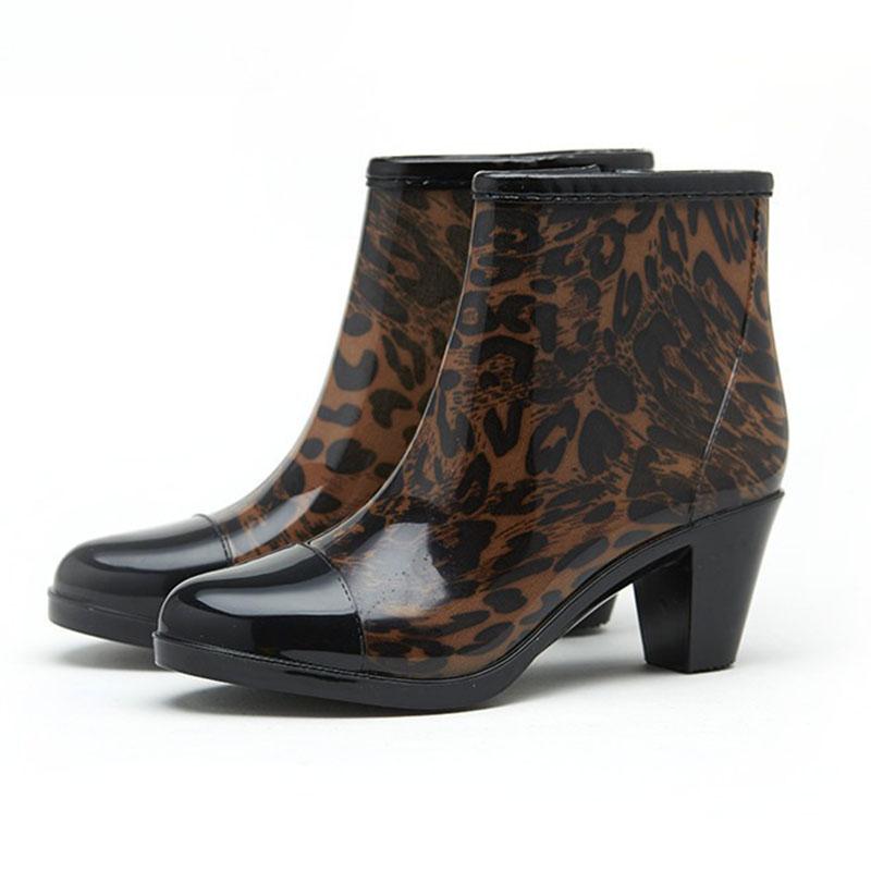 Женские резиновые сапоги, водонепроницаемая обувь из ПВХ, модные высокие каблуки, ботильоны, средний каблук, резиновые сапоги на молнии, нескользящие бахилы