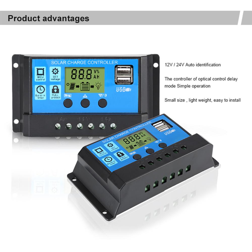 30A Solar Charge Controller Automatic Identification PWM Parameters Adjustable LCD Display Solar Controller Dual USB Port with Optical Delay Mode