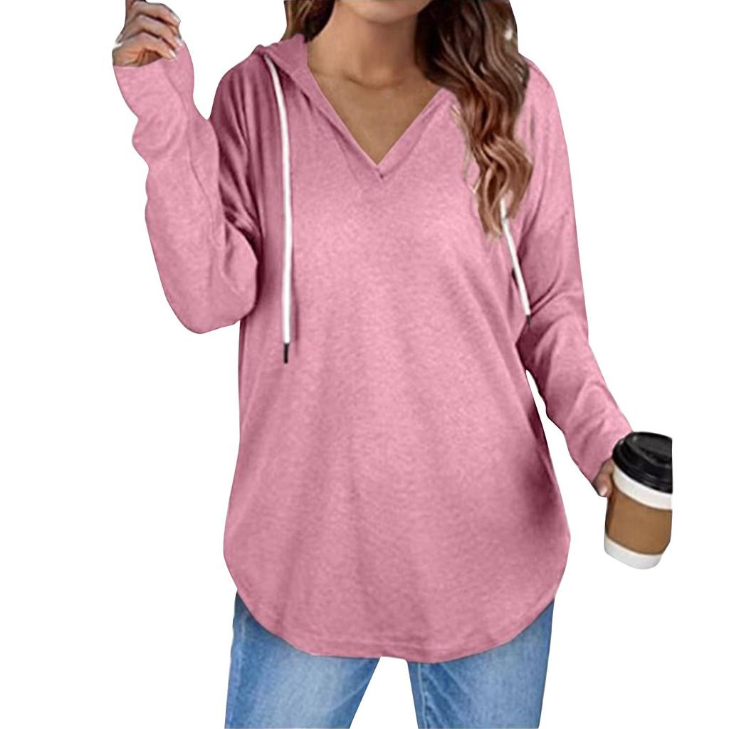 Women's Fashion Casual V-Neck Solid Colour Hooded Drawstring Long Sleeve Fitness Top