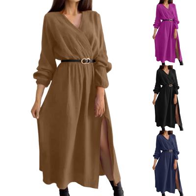 Женское модное повседневное платье с расклешенной юбкой, длинным рукавом, однотонное