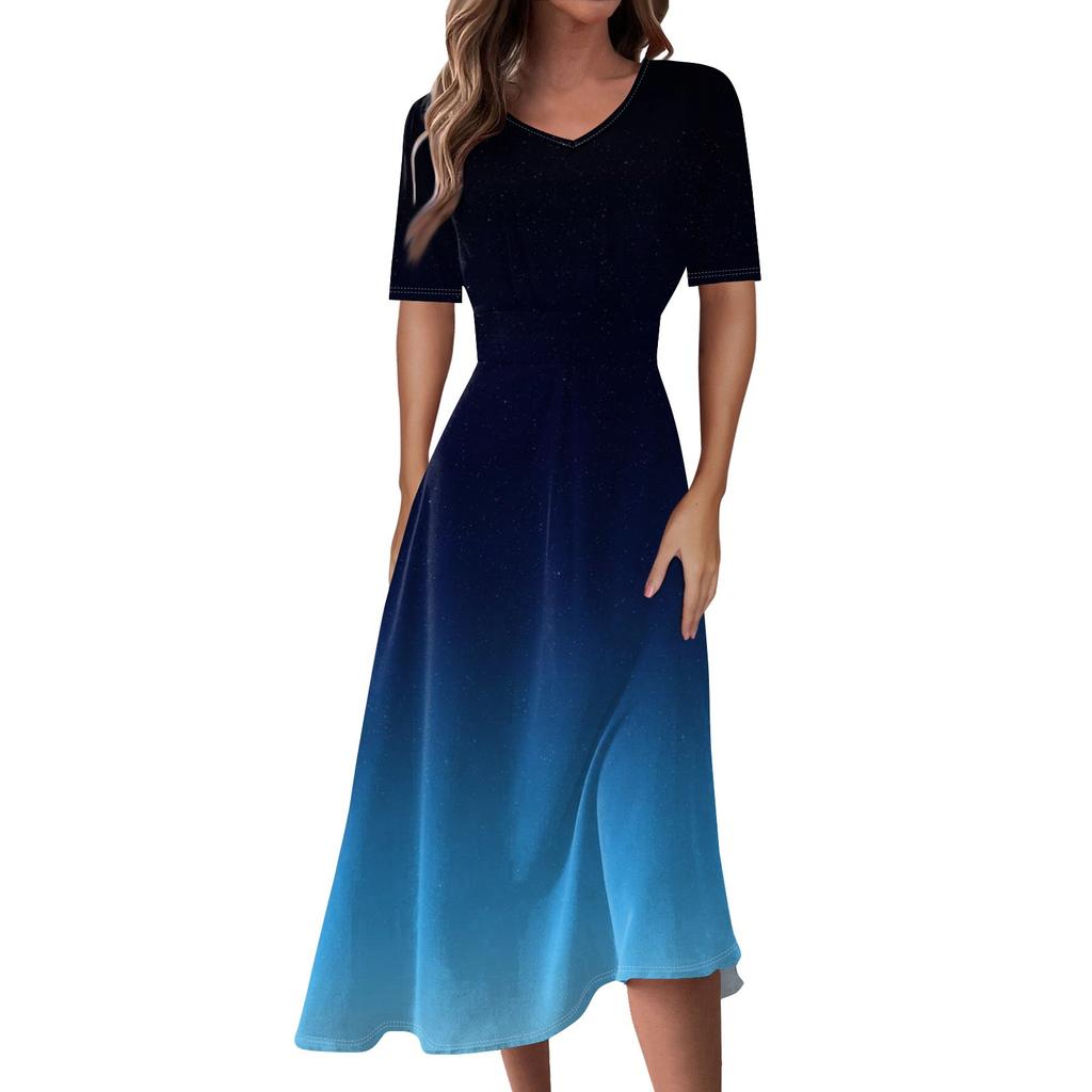 Ladies Casual Fashion Gradient Print V-Neck Short Sleeve Waist Long Swing Dress