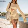 Женское повседневное платье с кисточками и длинными рукавами, ажурное вязаное крючком, пляжное платье