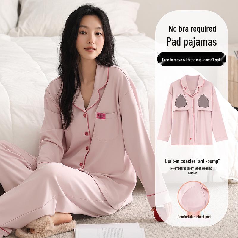 Женский хлопковый кардиган, комплект из двух предметов с нагрудными вкладышами: Сладкая и Повседневная Домашняя Одежда с Длинным Рукавом для Весны и Осени