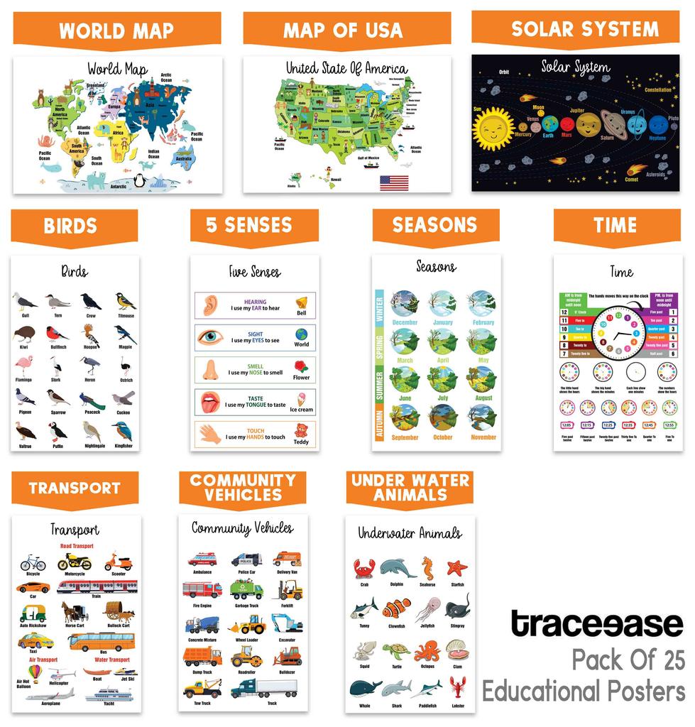 Traceease Образовательный плакат для начальной школы, упаковка из 25 ламинированных детских обучающих плакатов, отлично подходит для домашнего обучения в классе